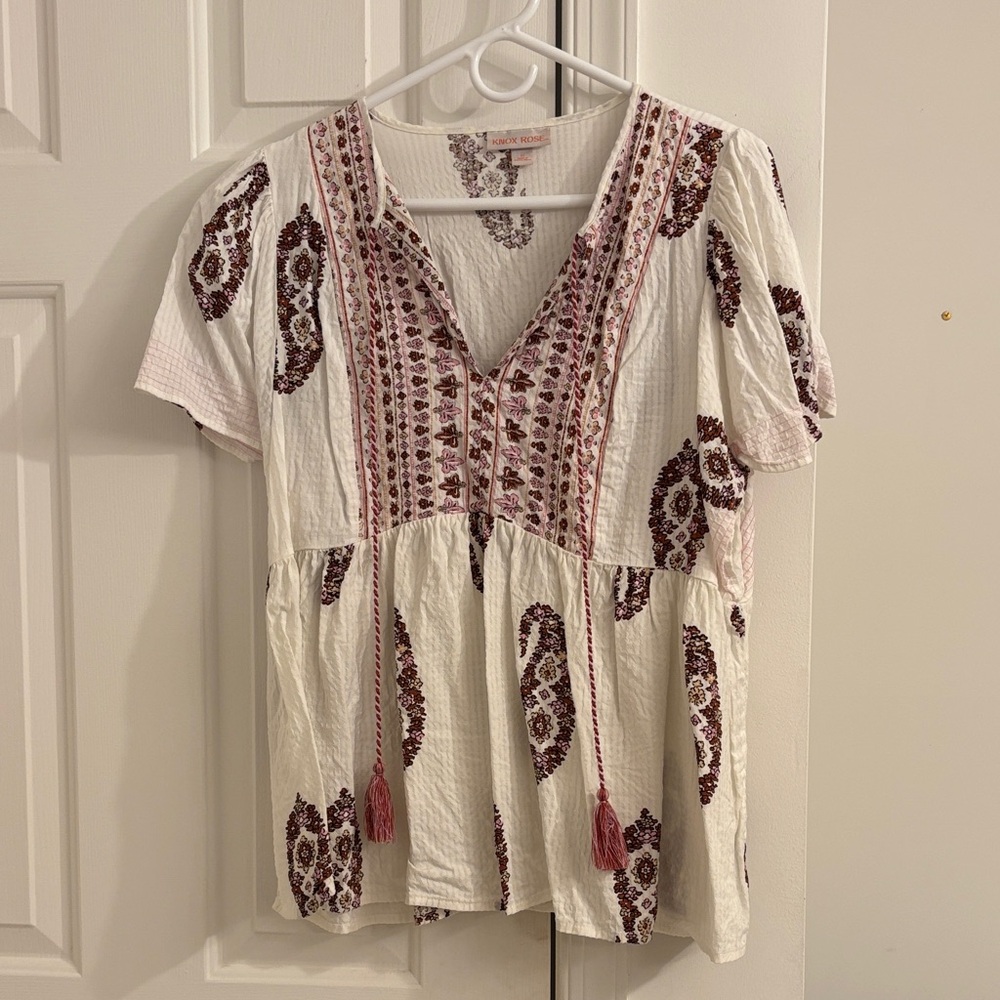 Knox Rose White and Brown Embroidered Blouse